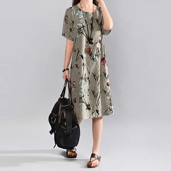 

plus size harajuku dress summer dresses casual with sleeves midi Fashion Print Short Sleeve o-Neck Cotton And Linen Dress #35