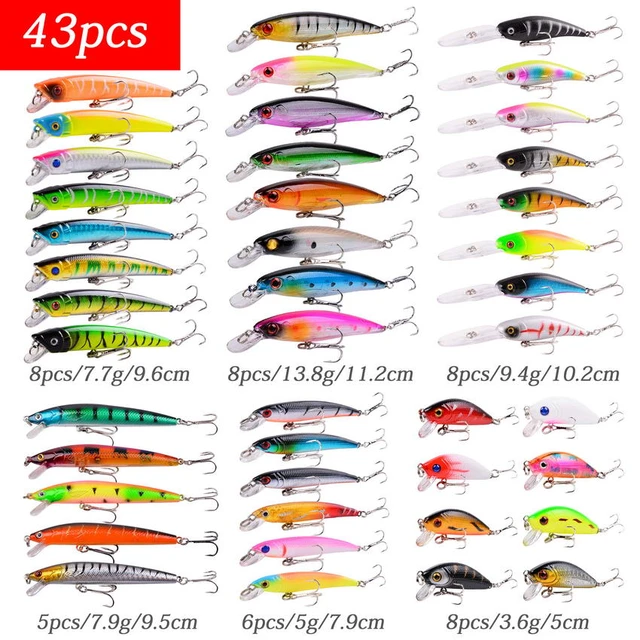 43pcs Mixed Sea Fishing Lures Set Minnow Crank Popper Saltwater Fishing  Bait Kits with High Carbon