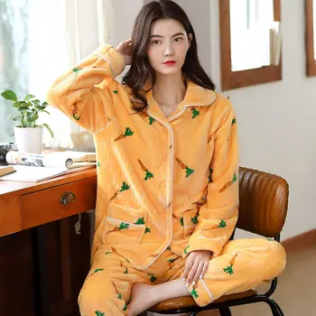 

2020 Warm Flannel Pajamas Set for Women Thick Coral Velvet Long Sleeve Pyjamas Sets Nightgown Pijama Suit Mujer Female Homewear