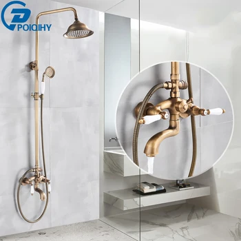 

Antique Brass Shower Faucets Rainfall Bath Shower Set Wall Mount Shower System Swivel Tub Spout Bathroom Shower Mixer Faucet Kit