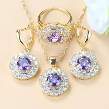 

Dazzling Natural Purple Crystal Gold Color Three-Piece Jewelry Sets For Women Dangle Earrings/Necklace And Ring 6-Colors Suit