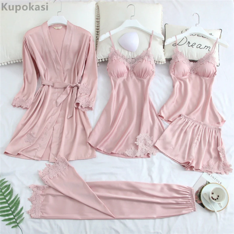 Kupokasi 5 Piece Women Pajamas Set Sexy Stain Robe Suit Faux Silk Dressing Gown Lace Autumn Sleepwear With Chest Pads