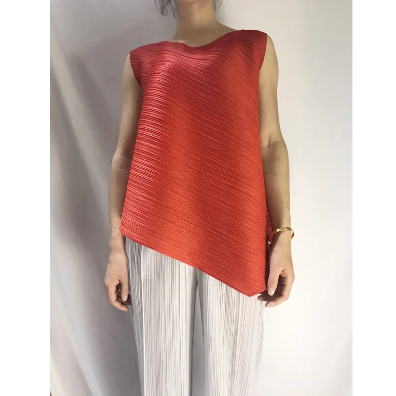 Miyake плиссированные топы без рукавов женские новые модные однотонные Нестандартные Свободные футболки с круглым вырезом Женская футболка Корейская одежда