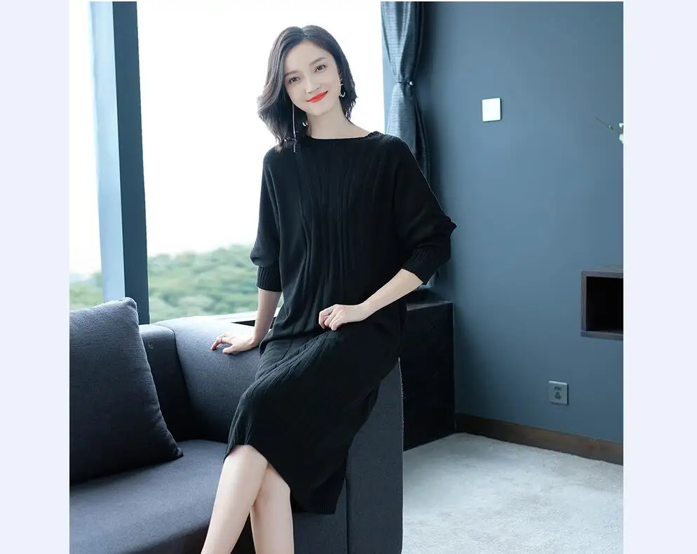 Модное зимнее трикотажное платье-свитер женская одежда женское трикотажное Повседневное платье с круглым вырезом осенние женские длинные свободные платья