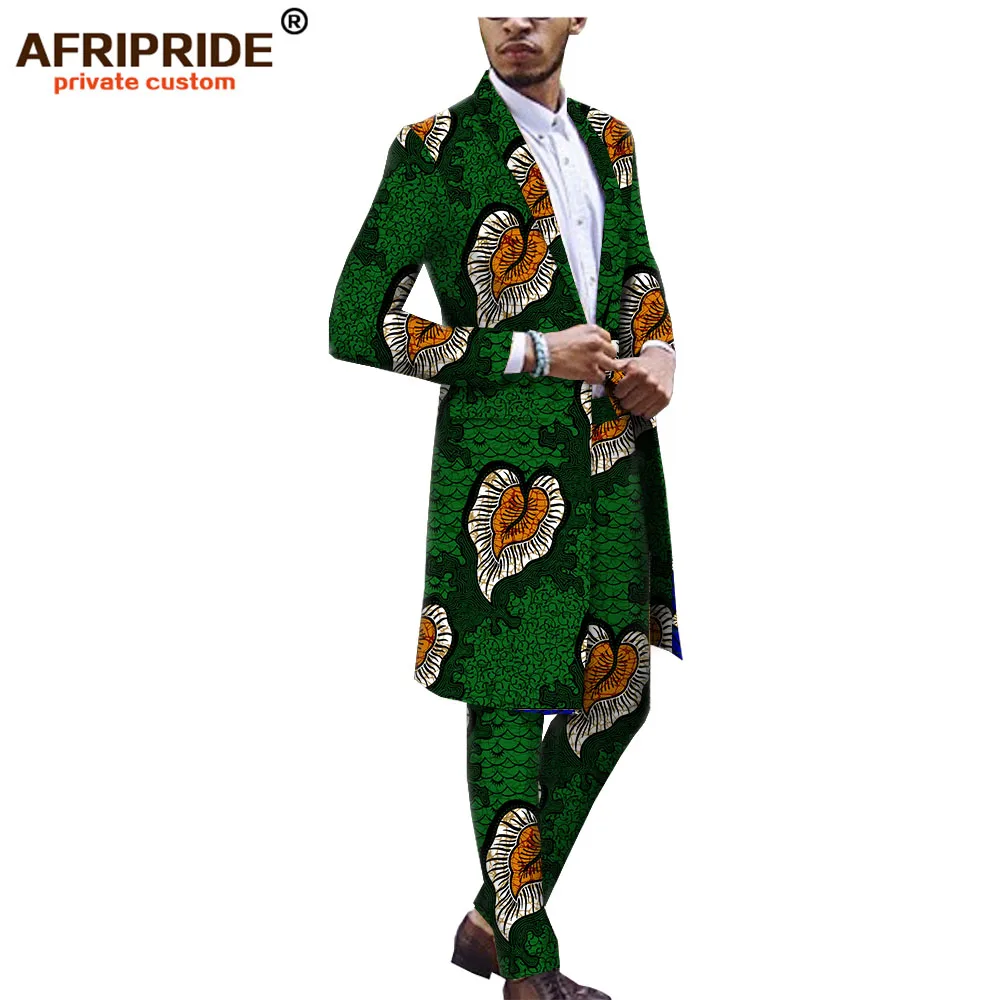Африканский Анкара Дашики костюм для мужчин AFRIPRIDE Портной сделал Базен richi одна пуговица длинная куртка+ длинные брюки A1816012 - Цвет: 528J