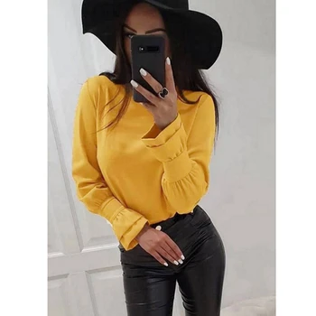 

Women Blouse 2020 Autumn Solid Color Round Neck Tops Blouses Casual Flare Long Sleeve Fashion Office Ladies Shirt