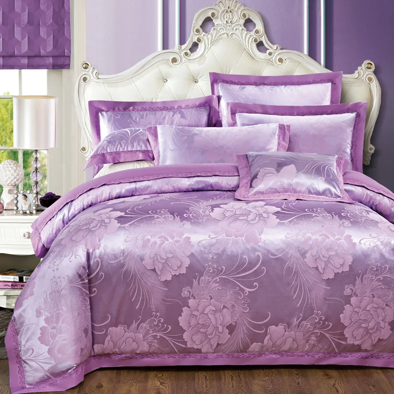 100 New Luxury 4pcs Bedding Set Jixiang Purple Cotton Satin Jacquard Duvet Cover Set Available