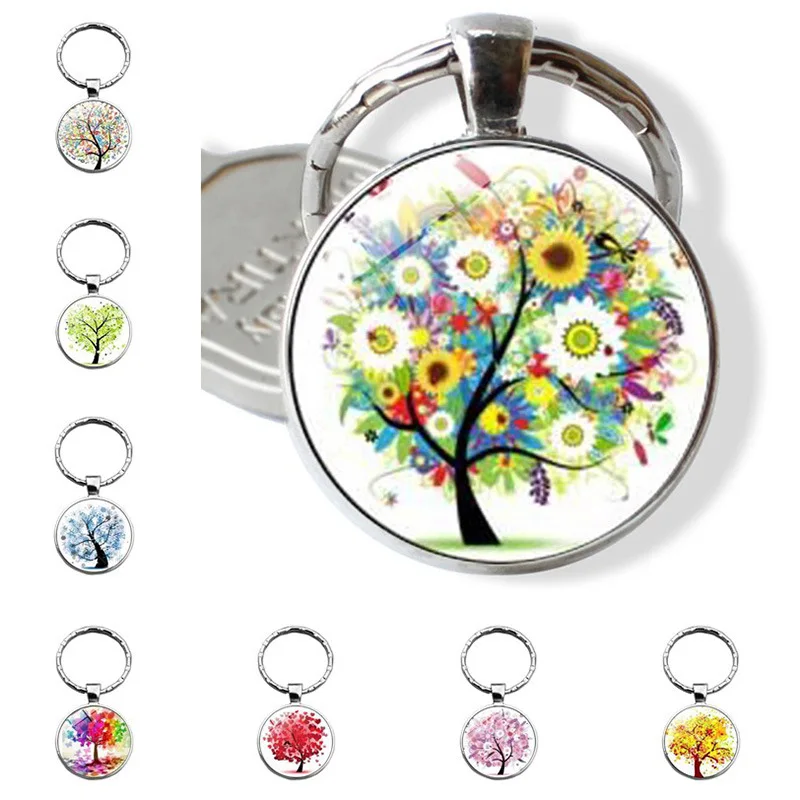 

Hot Sales-Colorful Tree of Life Time Stone Keychain Pendant Metal Key Ring