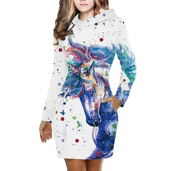 

Raisevern New Unicorn 3D Print Casual Hoodie Dress Women Funny Sweatshirt Dress Female Pocket Hoodies Dress
