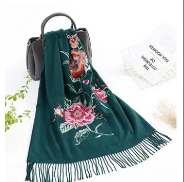 dark green Кашемировые головные шарфы, женские элегантные дамские шарфики и теплые шали, длинные палантины с цветочной вышивкой, бандана, шарф, хиджаб, пляжное одеяло - Цвет: dark green