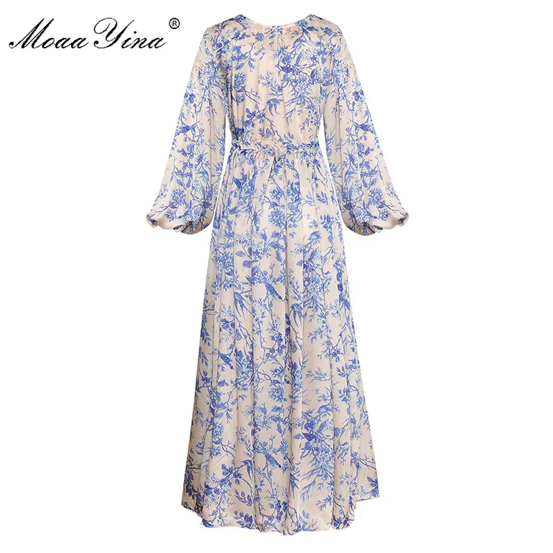 MoaaYina, модное дизайнерское подиумное платье, весна-осень, женское платье с v-образным вырезом, рукавами-фонариками, эластичным поясом, свободные платья с принтом