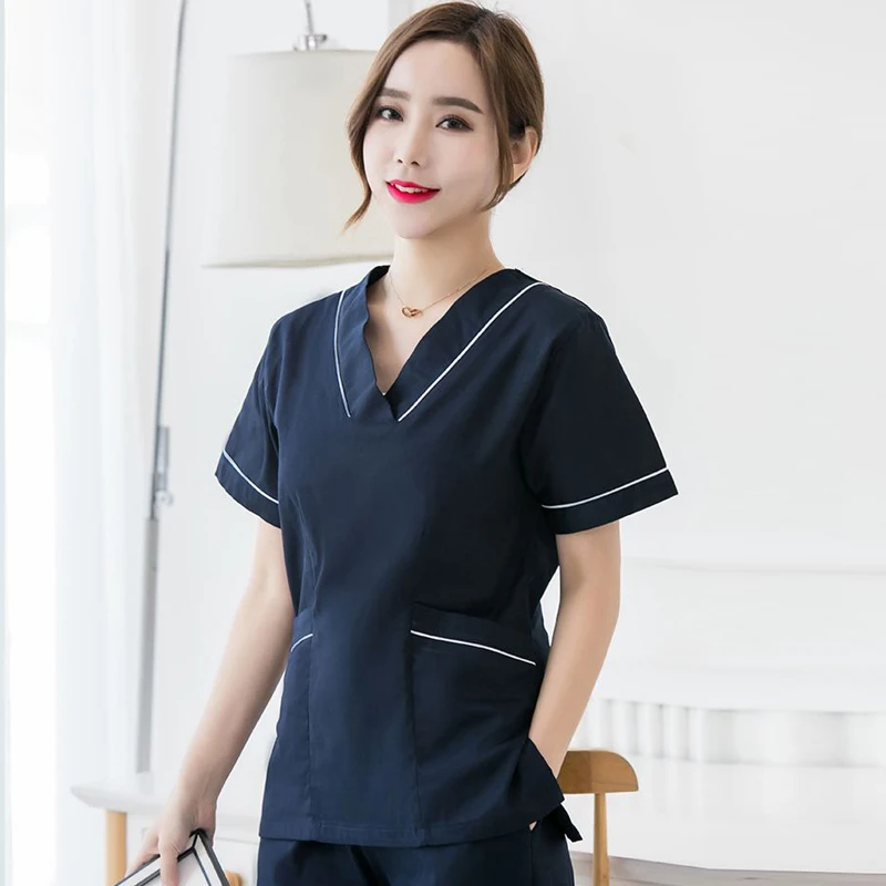 Fashion Medical Scrubs Beauty and Health Uniforms Pure Cotton Women Color Blocking Design V Neck Shirt and Pants Nurse Costume