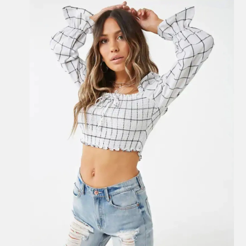 

New Blouse Women Crop Tops Plaid Checker Short Shirt Slash Collar Elastic Bust Long Flare Sleeve Autumn blusas feniminas T98392