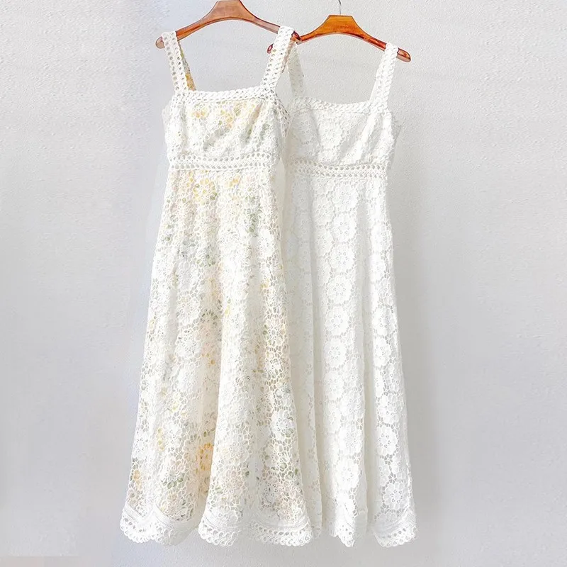 

High Quality Embroidery Slip Dresses For Women 2021 Summer Fashion Designer Style Hollow Out Stitched Sleeveless Women Clothing