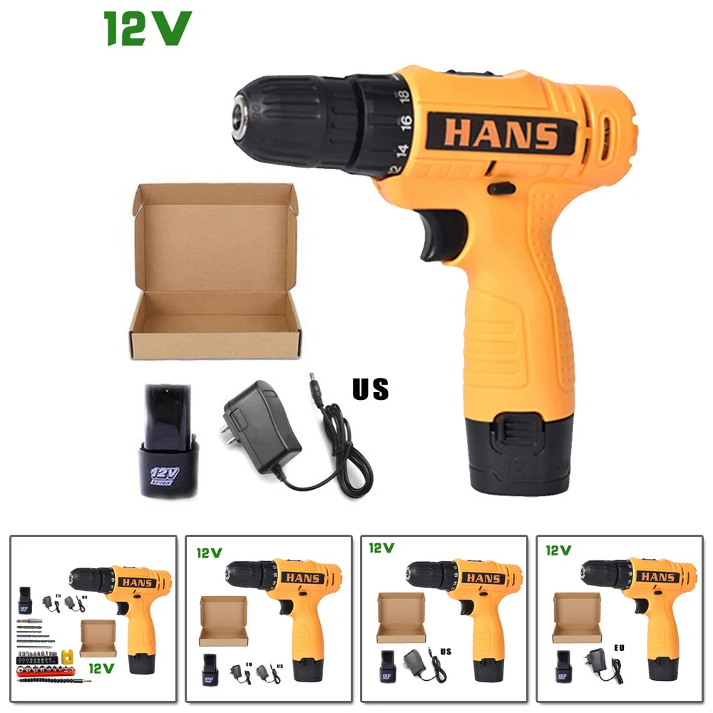 

12V US/EU Electric Impact Power Hand Drill Bit Battery Screwdriver Rotary Tools Set Durable Drill+Charger+Battery