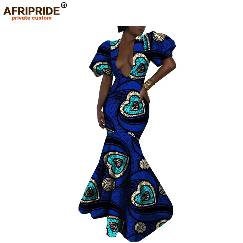 Африканское Макси женское платье AFRIPRIDE с коротким пышным рукавом с глубоким v-образным вырезом длинное, узкое повседневное хлопковое женское платье A1825044