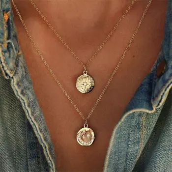 

Crystal Multilayer Round Star Moon Necklace Double Layered Necklace Gold Chain Choker Coin Necklace on Neck Women Girl Femme
