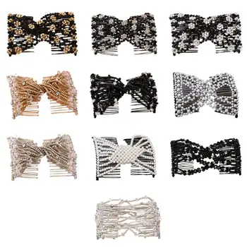 

Womens Handmade Imitation Pearl Beaded Jewelry Magic Hair Side Combs 20 Tooth Stretchable Double Clips Styling Hairpins Updo Bun