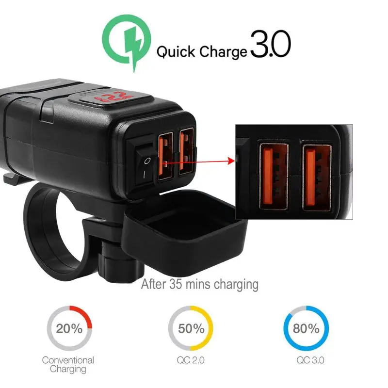 Двойной USB QC 3,0 водонепроницаемый телефон зарядное устройство быстрой зарядки 12V мотоциклов Автомобильное зарядное устройство с красным переключатель вольтметра