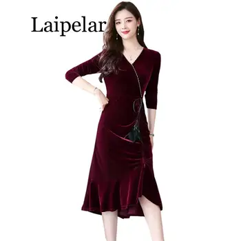 

Women Fashion Gold Velet Dresses Autumn Winter Ladies V-neck Ruffles Bottom Black Dress Female Slim Party Dresses 2019