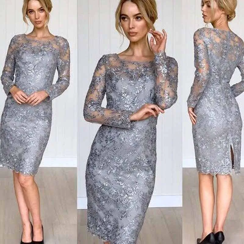 2021 New Arrival Silver Lace Long Sleeve Mother of the Bride Dresses Knee Length Wedding Guest Gowns Illusion Jewel Neckline