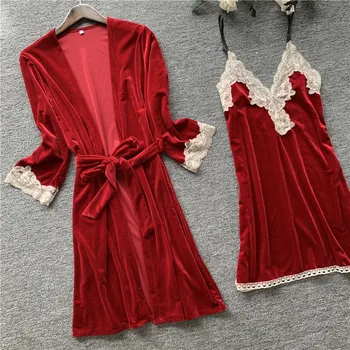 

Lace Sexy Home Dressing Gown Twinset Robe Set 2pcs Solid Colour Velour Kimono Robe Gown For Young Lady Full Sleeve Sleepwear