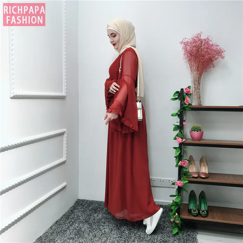 Chifffon Vestidos Рамадан кафтан абайя, арабское мусульманское Макси платье кафтан Elbise Hijab Eid платья Robe Femme Musulmane