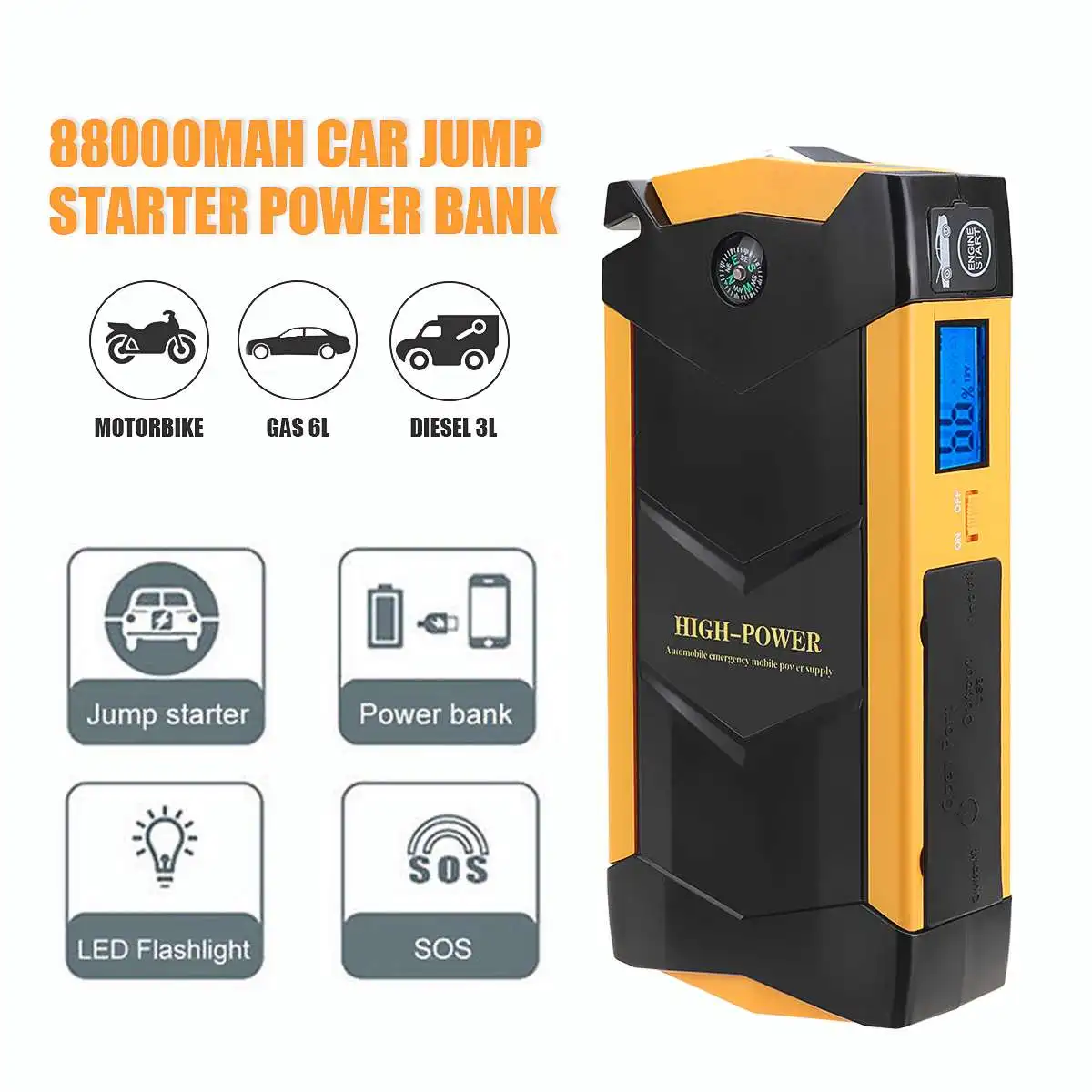 12V 600A USB 88000mAh Car Jump Starter High Capacity LED Light Mutifuction Portable Car Battery Boo