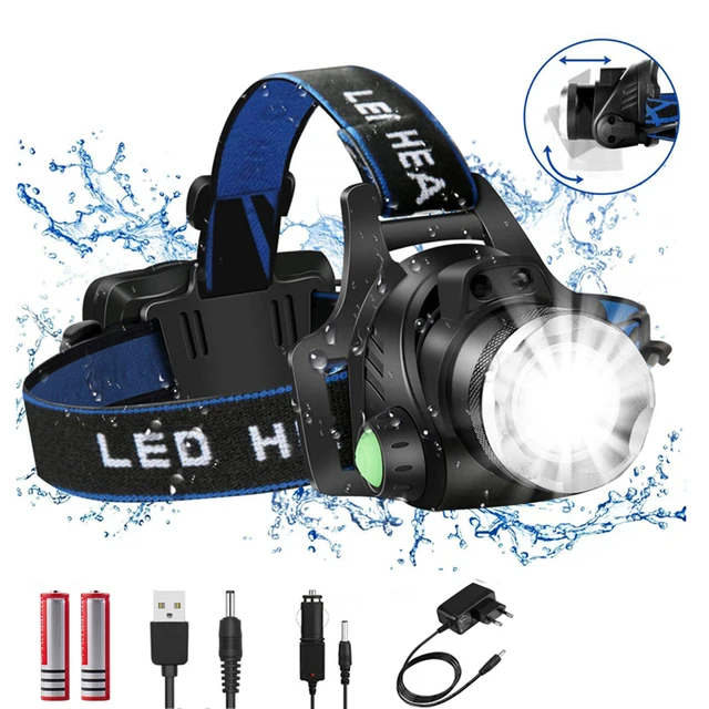 Headlamps High lumen Led Headlamp L2/T6 Zoomable Headlight Head Torch Flashlight Head lamp by 18650 battery for Fishing Hunting Package D