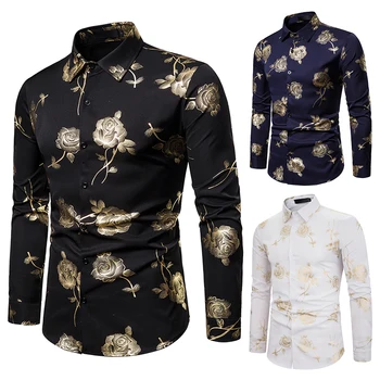 

Shirt Men Fashion Black Gold Bronzing Rose Printed Slim Long Sleeve Dress Shirt Lapel Nightclub Hip Hop Party Prom Casual Shirts