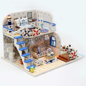 

NFSTRIKE DIY Creative Handmade Theme Wooden Cabin Assembly Building Model Toy Set with Light and Music - Light Blue Coast