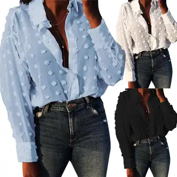 

Vintage Elegant 2020 Women Solid Color Turn Down Collar Long Sleeve Polka Dot Button Slim Blouse Shirt