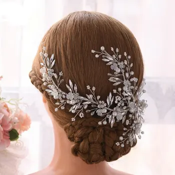

1pc Pearl Wedding Hair Bridal Trendy Hair Accessories Crystal Flower Headband Hairgrips Wedding Headpiece for Pageant 2 Color