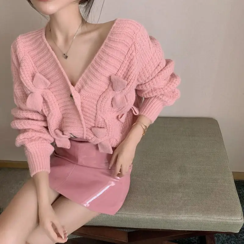 Cropped Bow Cardigans Women Sexy V-neck Single Breasted Sweaters Ladies Spring Sweet Elegant Cute Soft Fluffy Knitted Outerwear ugly christmas sweater