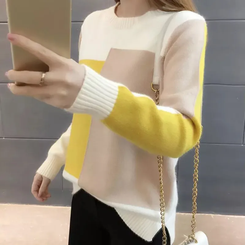 Women Autumn Candy Color Sweater Round Collar Colorblock Long Sleeve Knit Top Multicolor with Splicing Thin Tops Sweaters Women Autumn Candy Color Sweater Round Collar Colorblock Long Sleeve Knit Top Multicolor with Splicing Thin Tops Sweaters