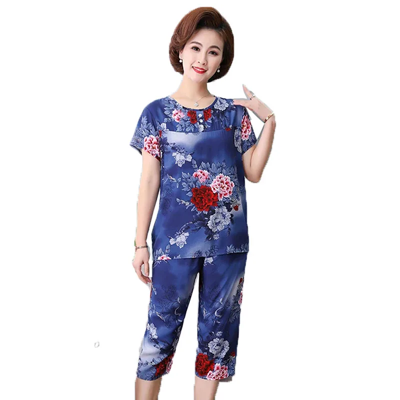 

Summer Upscale Women Pajamas Middle-Aged Elderly Mother's Thin Homewear Elegant Tops + Pants 2PCS Suit Sleepwear Nightwear