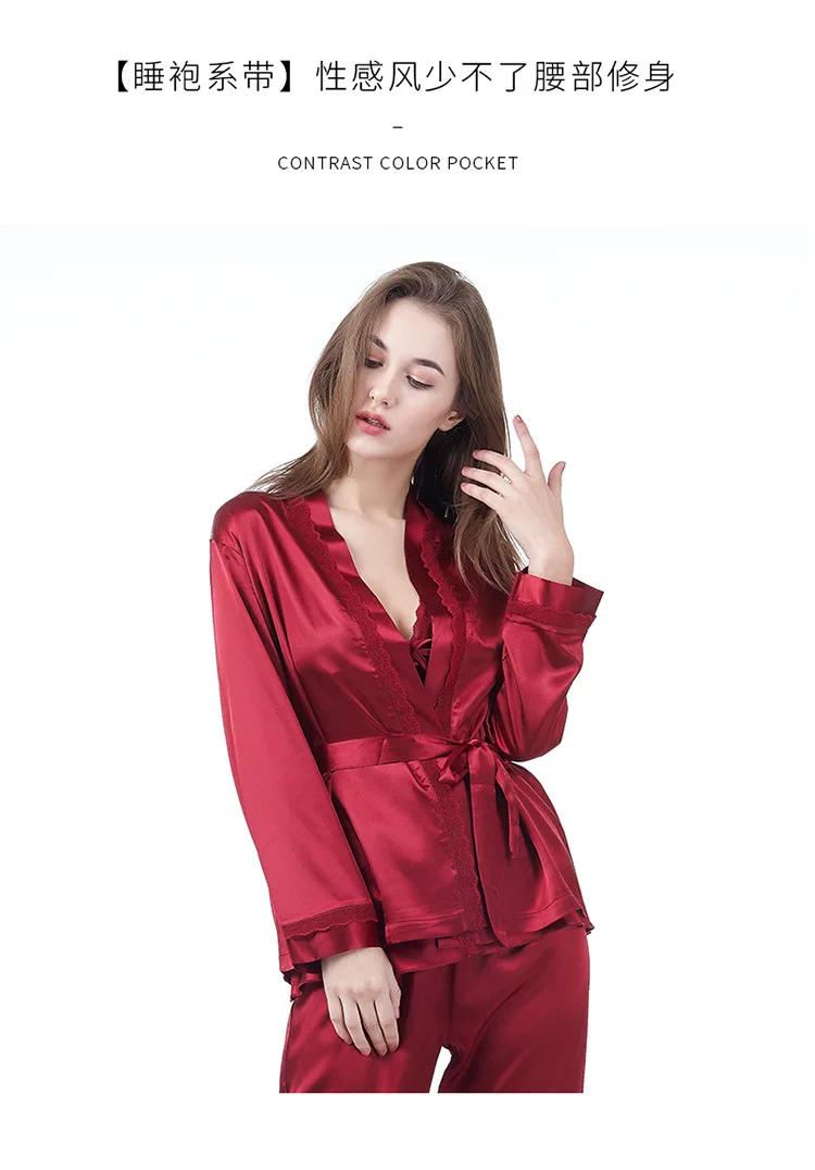 Freeshippingpromotion шелковые пижамы Для женщин халат костюм из трех предметов костюм Для женщин с кружевной полоской и головной повязкой рубашки ползунки; одежда для сна