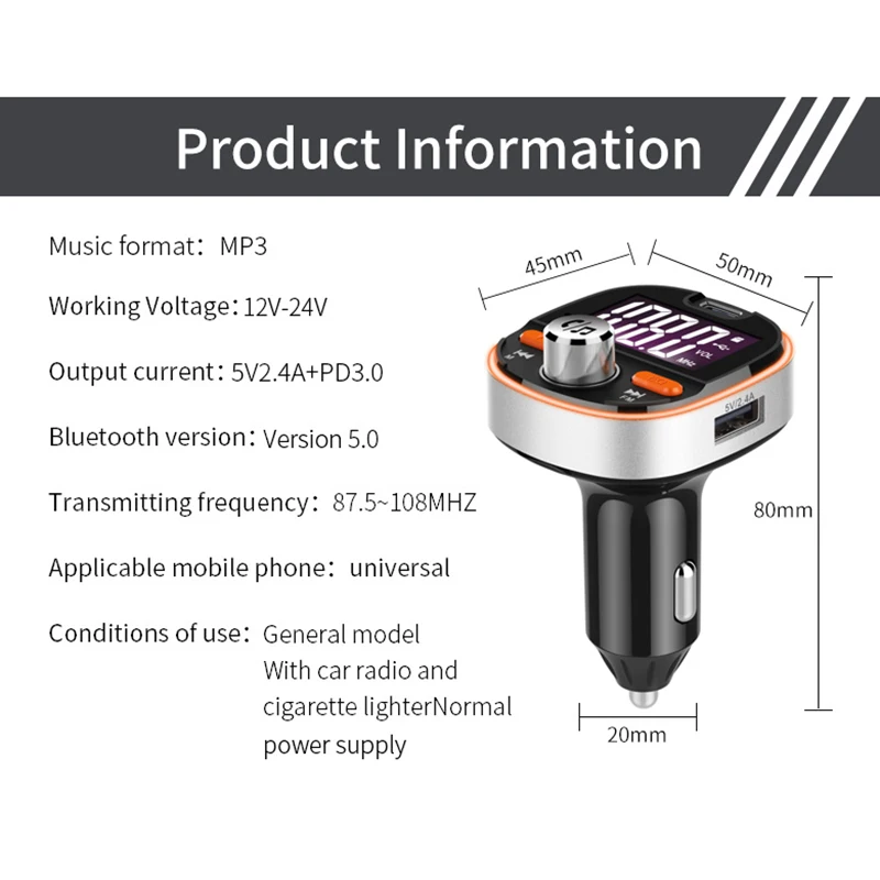 Автомобильный Bluetooth 5,0, беспроводной fm-передатчик, с двойным USB, PD3.0 выходом, поддержка USB и TF карты MP3-плеер Автомобильное зарядное устройство