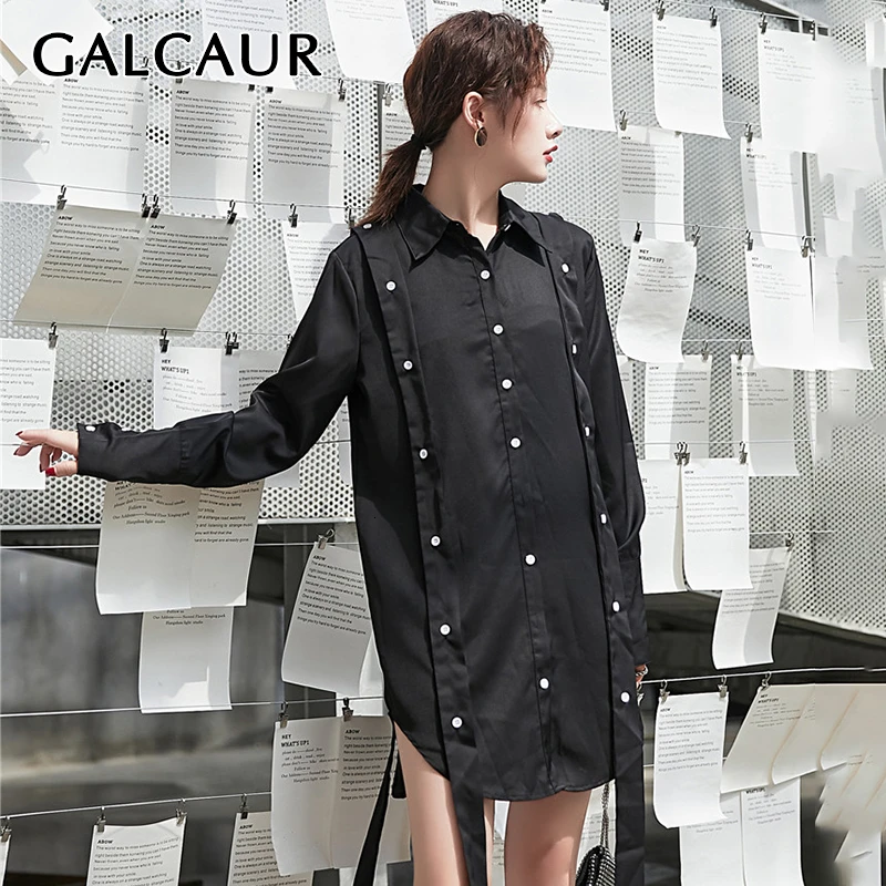 GALCAUR корейский стиль, лоскутные женские топы на шнуровке, рубашка с воротником с лацканами и длинным рукавом, большие размеры, Повседневная Женская блузка, осенняя одежда