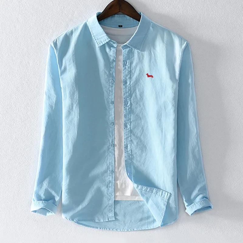 Мужской летний льняной хлопковый топ с длинными рукавами и вышивкой 4XL camisa masculina chemise homme гавайская рубашка уличная - Цвет: Небесно-голубой