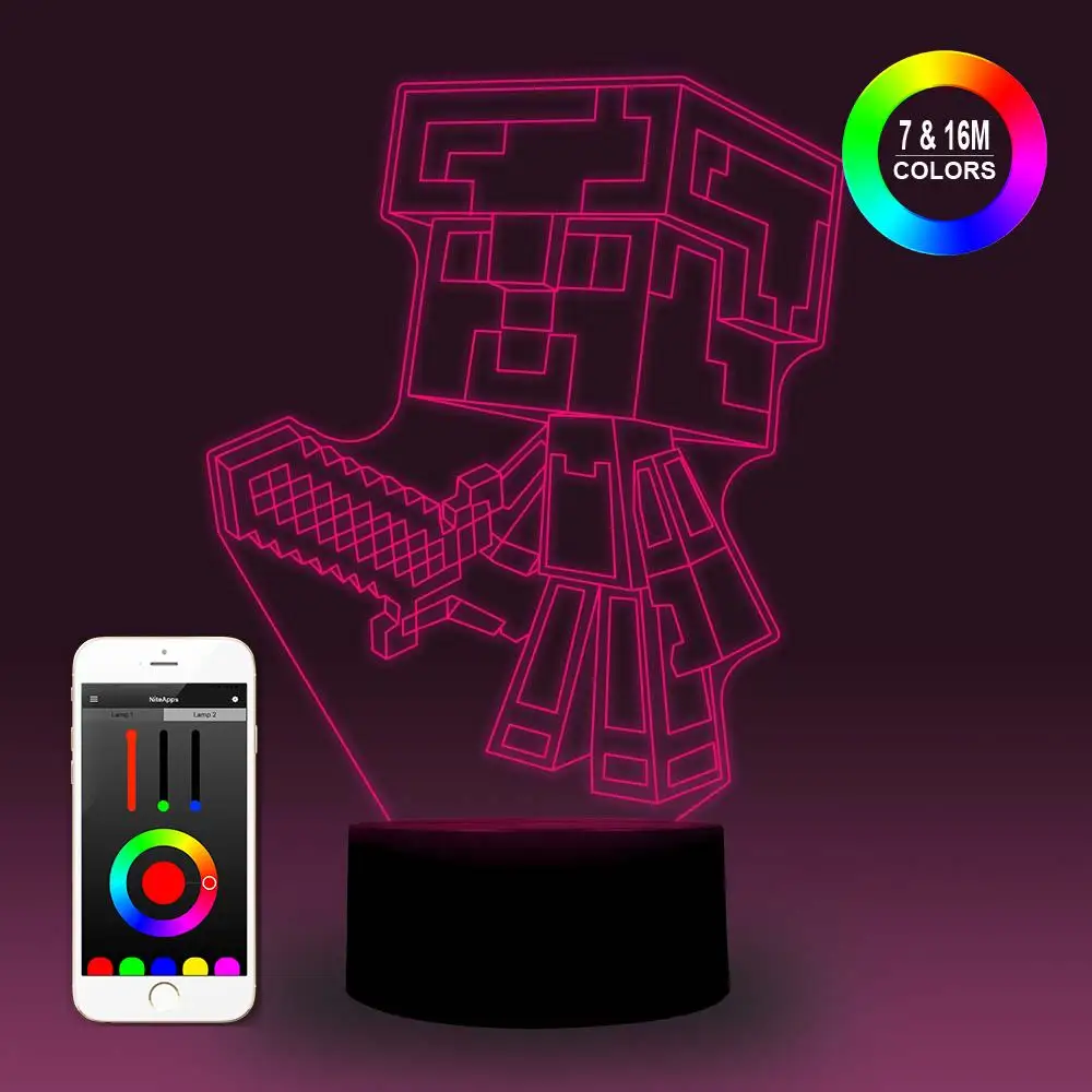 NiteApps 3D Steve in чехол с бриллиантами ночник настольная Иллюзия украшение лампа подарок на день рождения приложение/сенсорное управление
