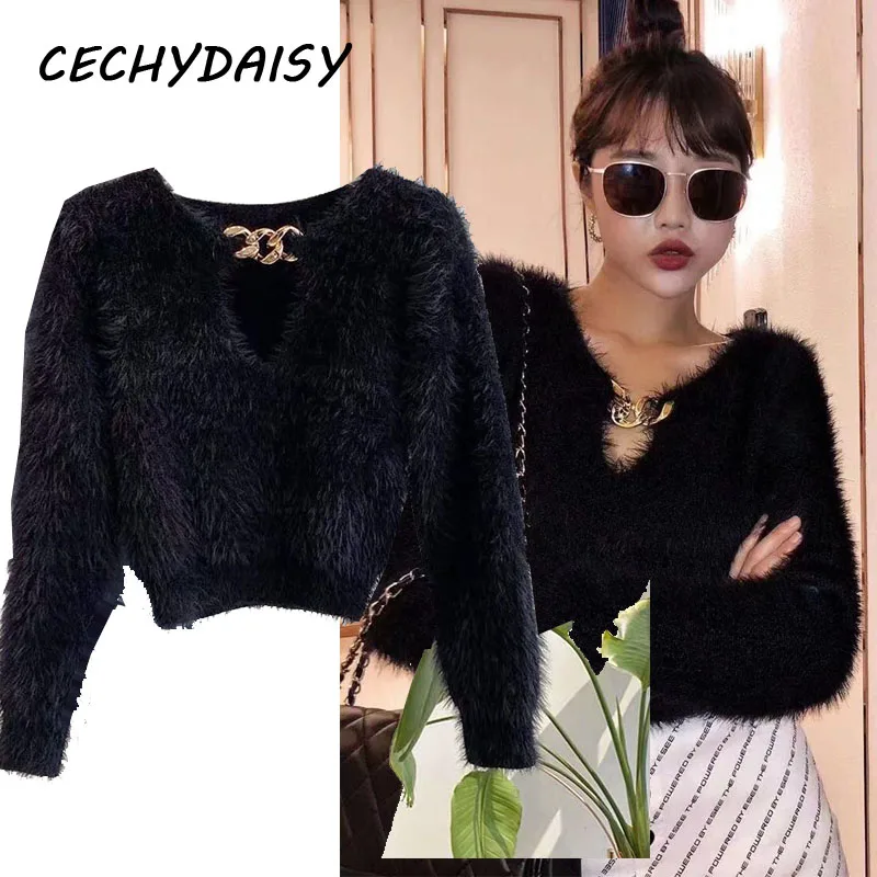 Женский свитер укороченный топ сексуальный с v-образным вырезом норка плюш