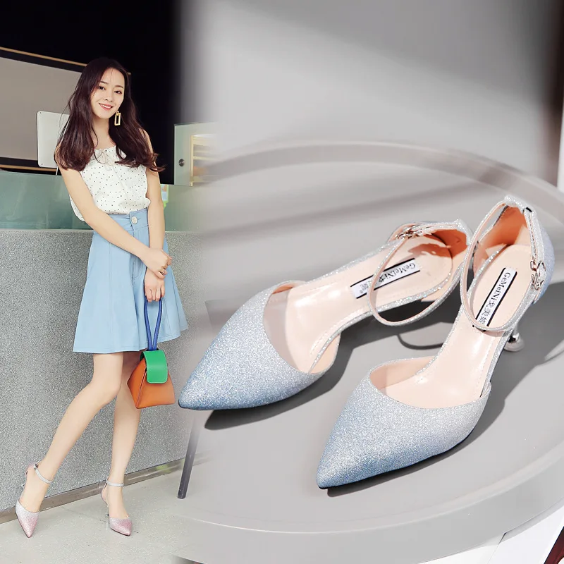

Korean-style WOMEN'S Shoes 2019 Summer New Style Hallow Pointed-Toe Thin Heeled Sandals Network hong jin fen Bandage Cloth High