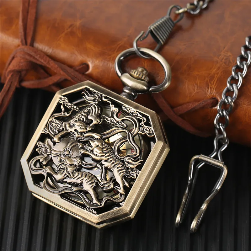 Antique Bronze Pocket Watch Hollow Double Tigers Men Women Handwinding Mechanical Watches with Fob Pendant Chain Clock Gifts