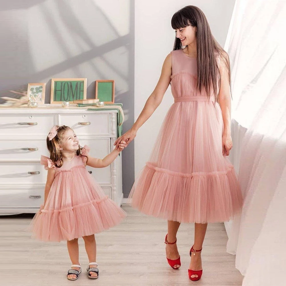 Blush Family Look Mother Daughter Matching Dress Pink Mommy and Me Birthday Dress Calf Length Evening Dress Family Formal Dress