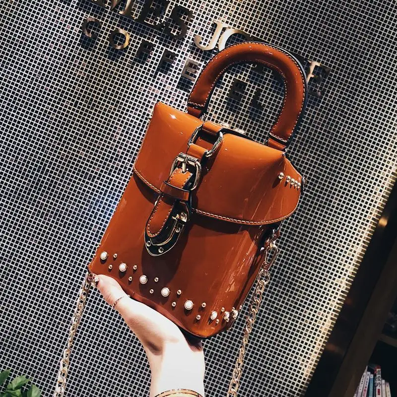 

Summer Small Bag Women's 2019 New Style Patent Leather Hand Small Box Korean-style Versatile Rivet Chain Shoulder Bucket Bag