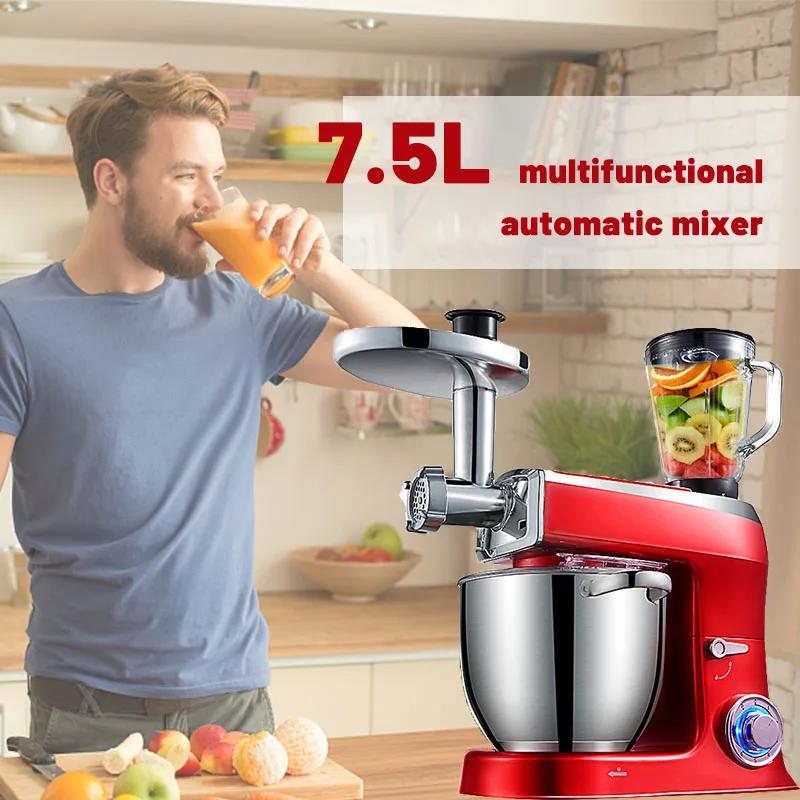 Kitchen Food Stand Mixer 7.5L Stainless Steel Bowl Cream Egg Whisk Blender Cake Dough Bread Mixer Maker Machine 1500W 6-Speed