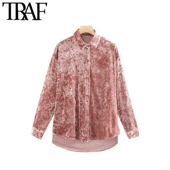 

TRAF Women Vintage Stylish Office Wear Velvet Irregular Blouses Fashion Lapel Collar Long Sleeve Side Vents Shirts Chic Tops