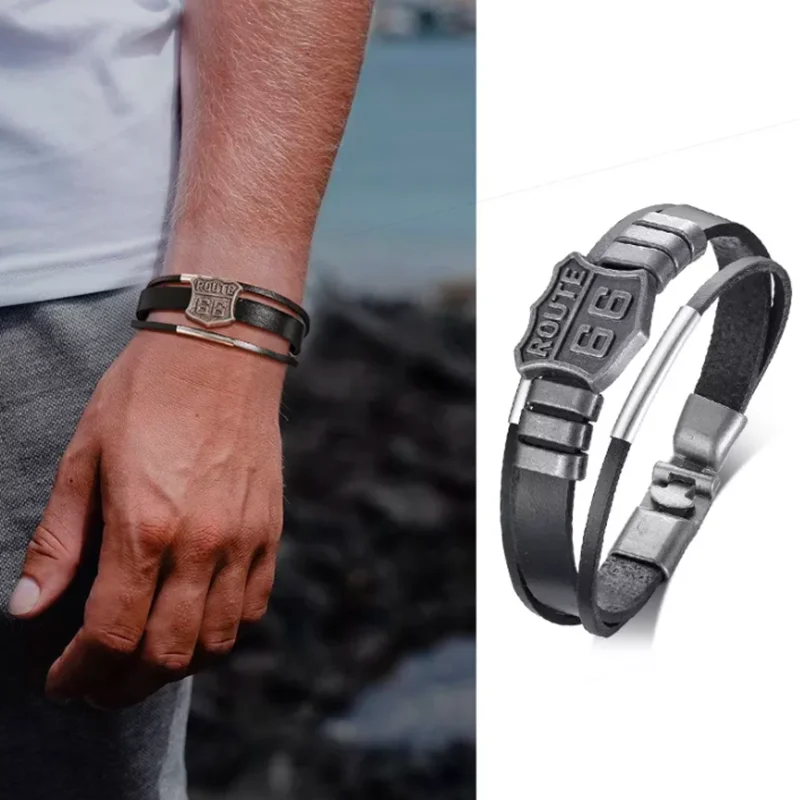 Route 66 Retro Leather Men's Wrist Bracelet Black Cuffs Pulse Wristband Men Accessories Festival Gift leather bracelet leather bangle