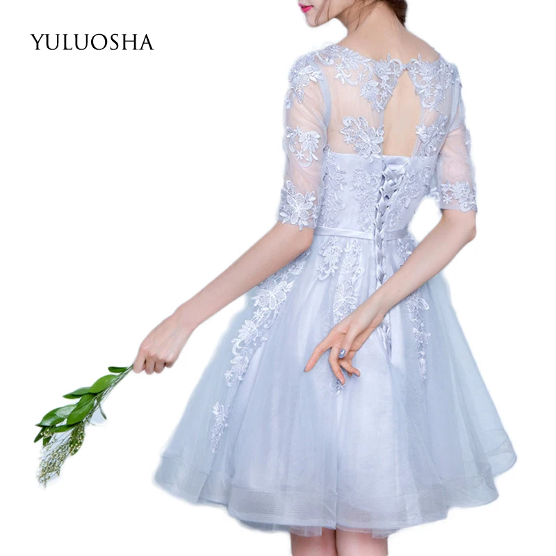 yuluosha-女性のための短い花嫁介添人ドレスラウンドネックレースのアップリケバーガンディインフィニティドレス結婚式のゲストドレス
